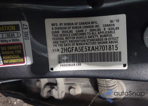 2010 Honda Civic Si z USA, uszkodzony, nr VIN 2HGFA5E5XAH701815